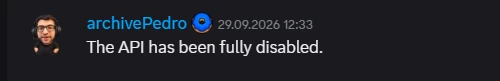 A Discord message from DonutSMP staff member archivePedro on 29.09.2026: The API has been fully disabled.