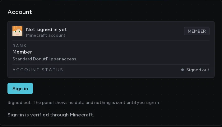 The Account panel in the mod's settings showing status Signed out and a Sign in button
