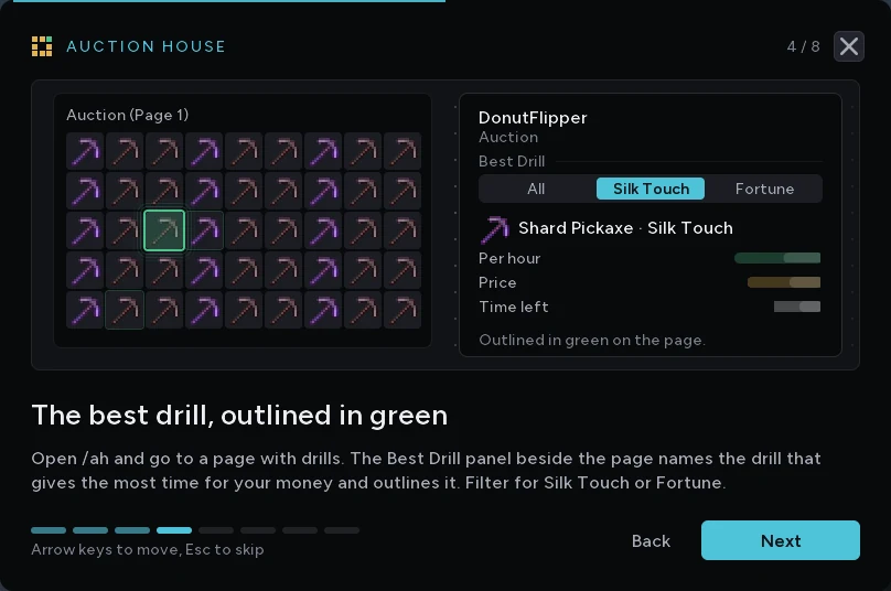 Tour step four: an auction page of pickaxes with one outlined in green, and the Best Drill panel beside it