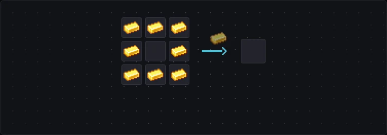 Gold ingots in a crafting grid, the middle one flying along the arrow to the result slot