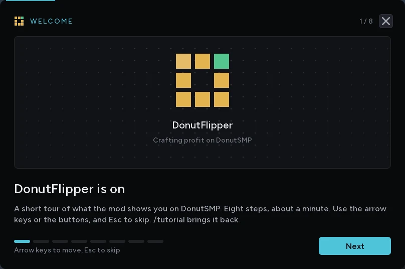 The first step of the tour: the DonutFlipper logo with Crafting profit on DonutSMP under it