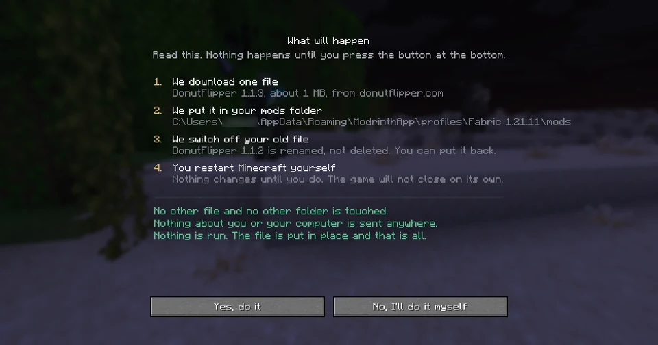 The confirmation screen listing four numbered steps with the real mods folder path, and three lines about what is not touched